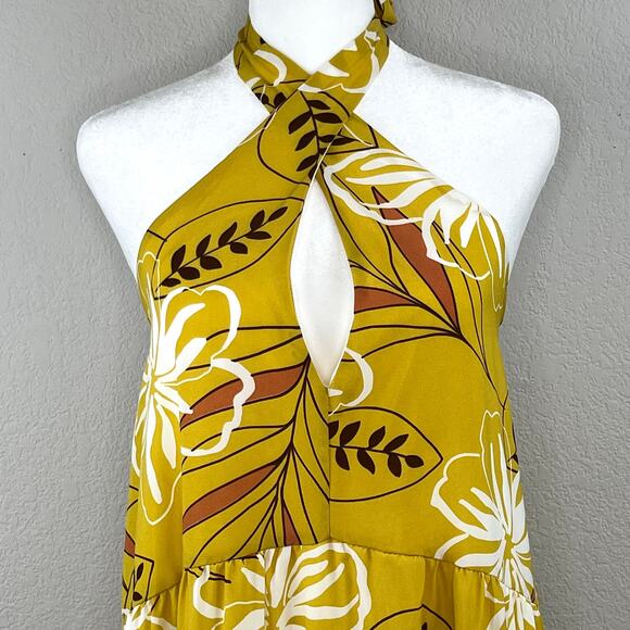 Mustard Yellow Boho Floral Backless Halter Tie Tiered Maxi Sundress Small New - Picture 7 of 14